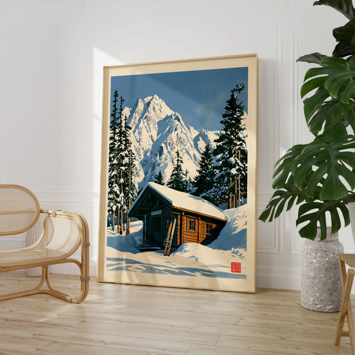 Ski Cabin Art Print – Vintage Alpine Chalet Wall Art — large framed print room setting chair plant