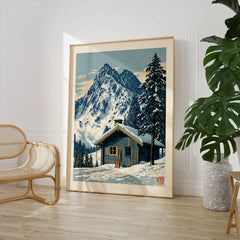 Ski Hut Poster – Vintage Alpine Cabin Wall Art — large framed print room setting chair plant