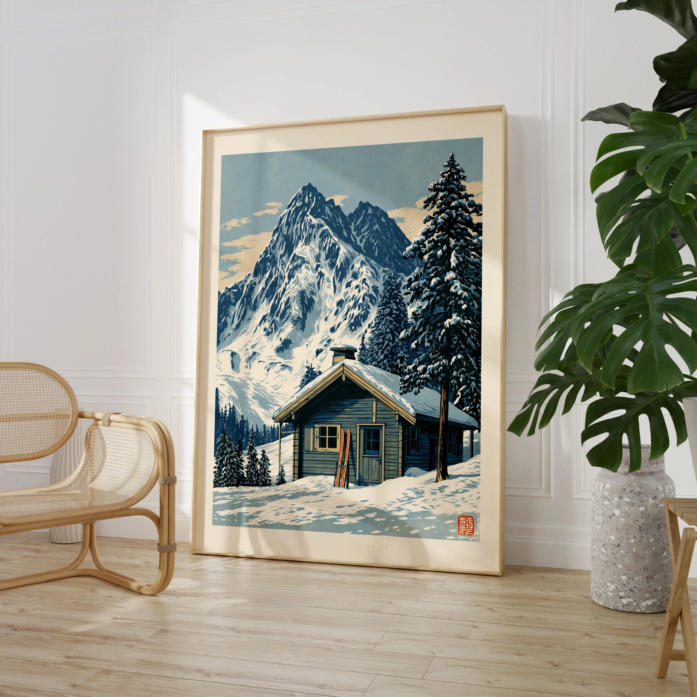 Ski Hut Poster – Vintage Alpine Cabin Wall Art — large framed print room setting chair plant