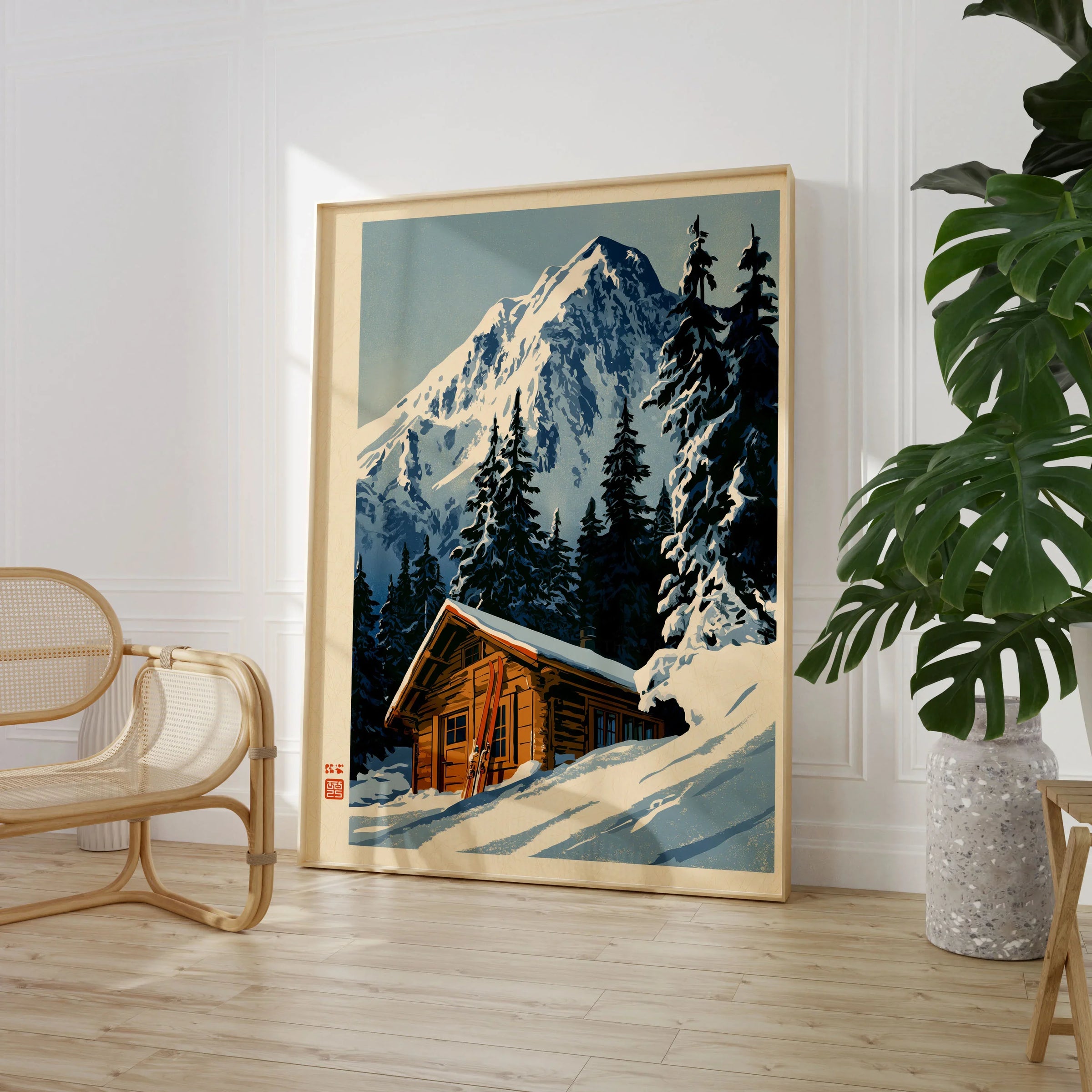 Log Cabin Ski Print – Vintage Alpine Lodge Wall Art — large framed print room setting chair plant