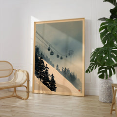 Misty Ski Lift Art Print – Vintage Alpine Gondola Wall Art — large framed print room setting chair plant