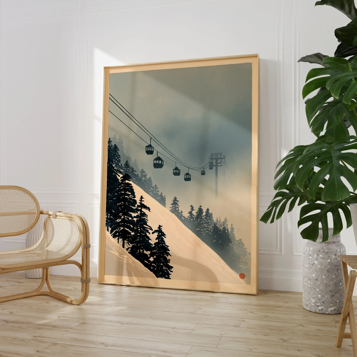 Misty Ski Lift Art Print – Vintage Alpine Gondola Wall Art — large framed print room setting chair plant