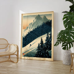 Alpine Ski Poster – Vintage Mountain Forest Wall Art — large framed print room setting chair plant