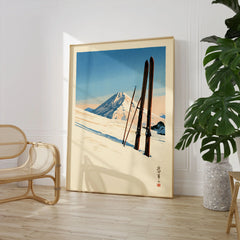 Vintage Ski Print – Japanese Woodblock Mountain Wall Art — large framed print room setting chair plant