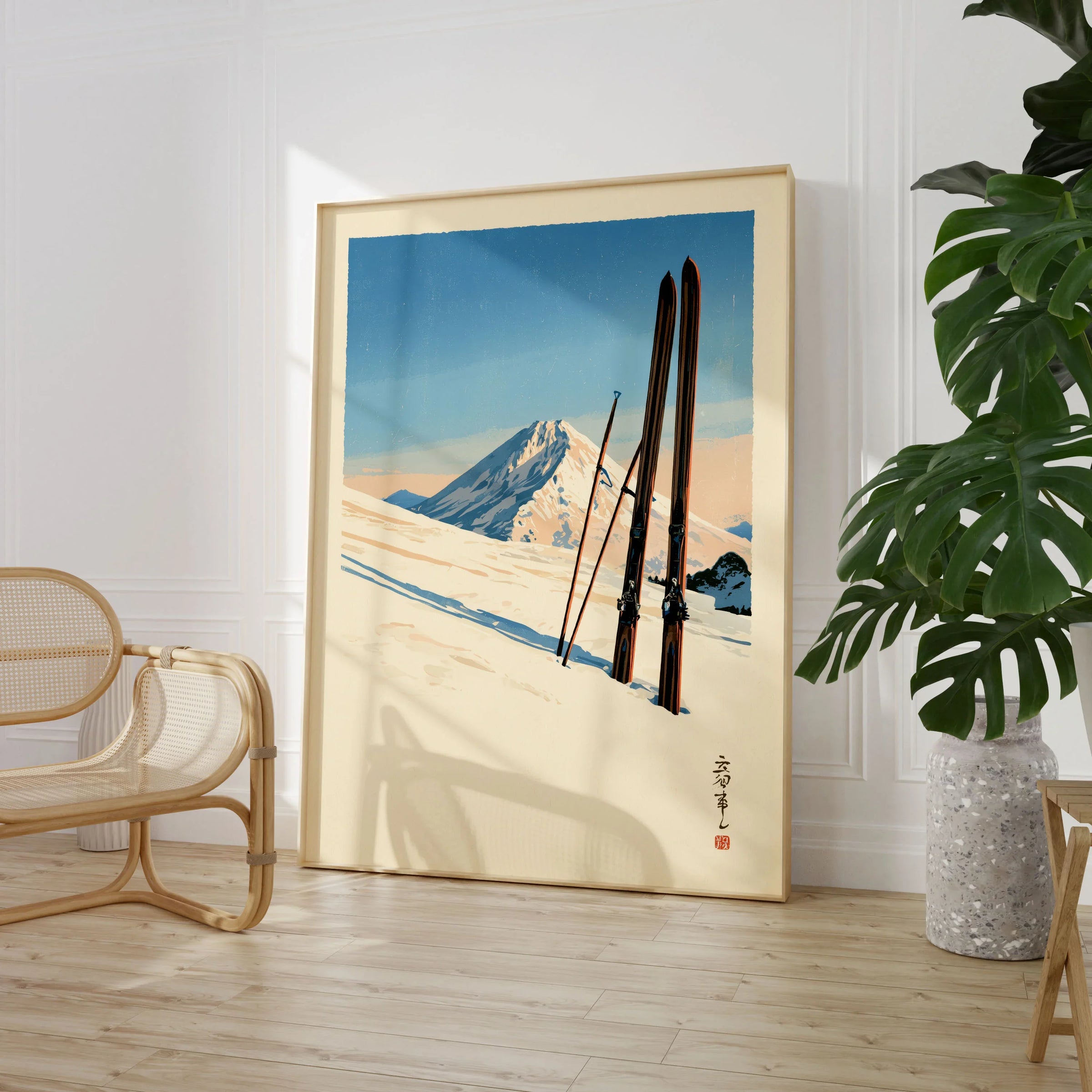Vintage Ski Print – Japanese Woodblock Mountain Wall Art — large framed print room setting chair plant