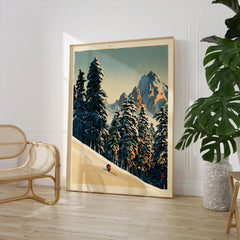 Ski Run Art Print – Vintage Alpine Forest Wall Art — large framed print room setting chair plant