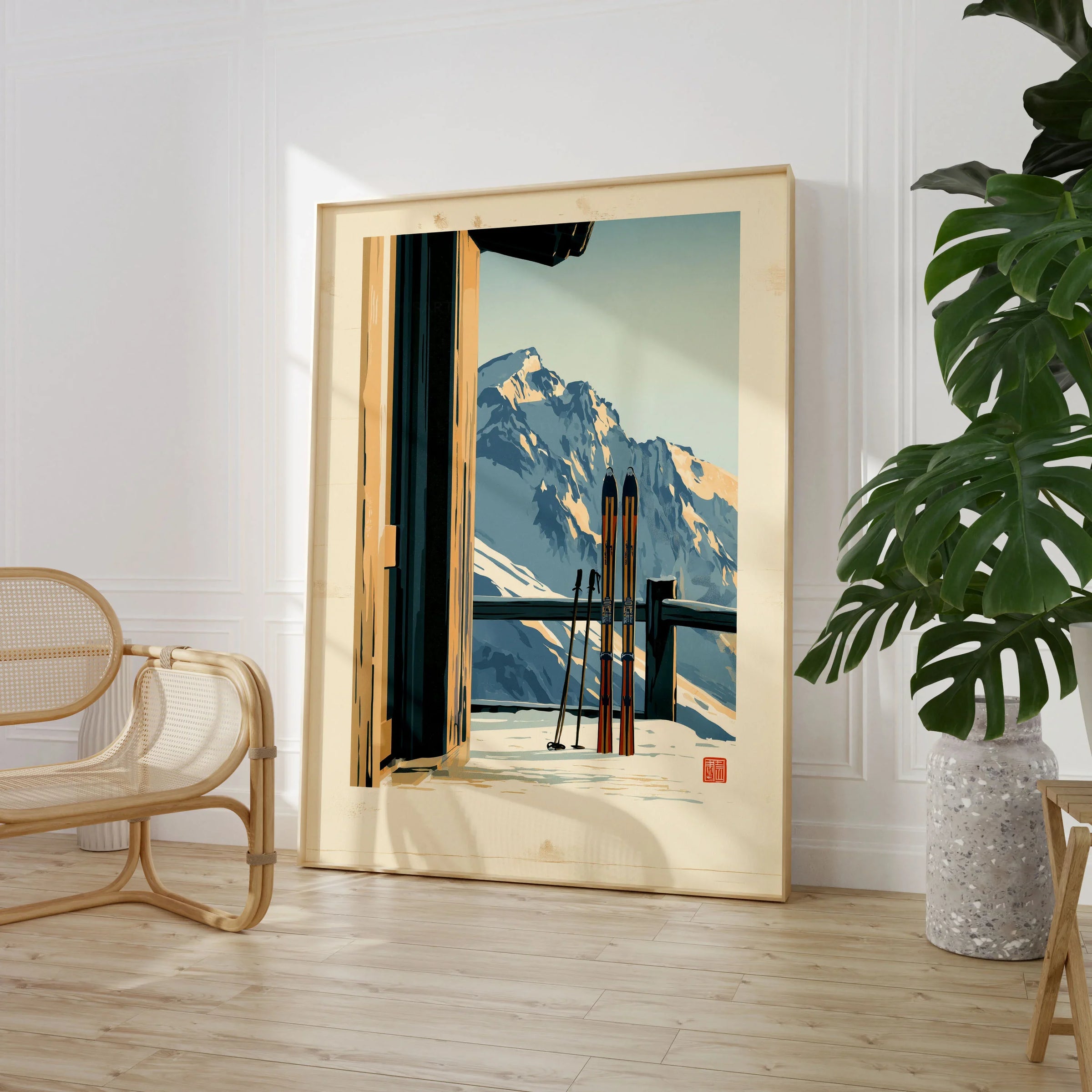 Chalet Ski Poster – Vintage Alpine Balcony Wall Art — large framed print room setting chair plant