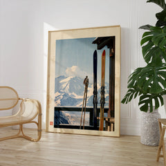 Vintage Skis Art Print – Alpine Chalet Balcony Wall Art — large framed print room setting chair plant