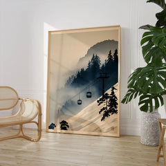 Ski Lift in Mist Print – Vintage Alpine Wall Art — large framed print room setting chair plant