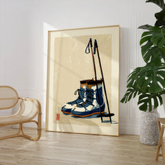 Vintage Ski Boots Art Print – Retro Ski Poster Wall Art — large framed print room setting chair plant