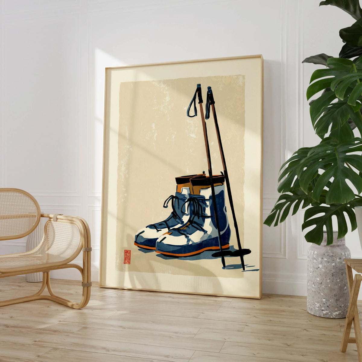 Vintage Ski Boots Art Print – Retro Ski Poster Wall Art — large framed print room setting chair plant
