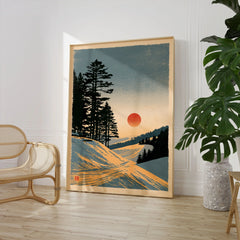 Ski Sunset Poster – Vintage Japanese Alpine Wall Art — large framed print room setting chair plant
