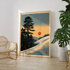 Winter Sunset Ski Print – Vintage Alpine Wall Art — large framed print room setting chair plant
