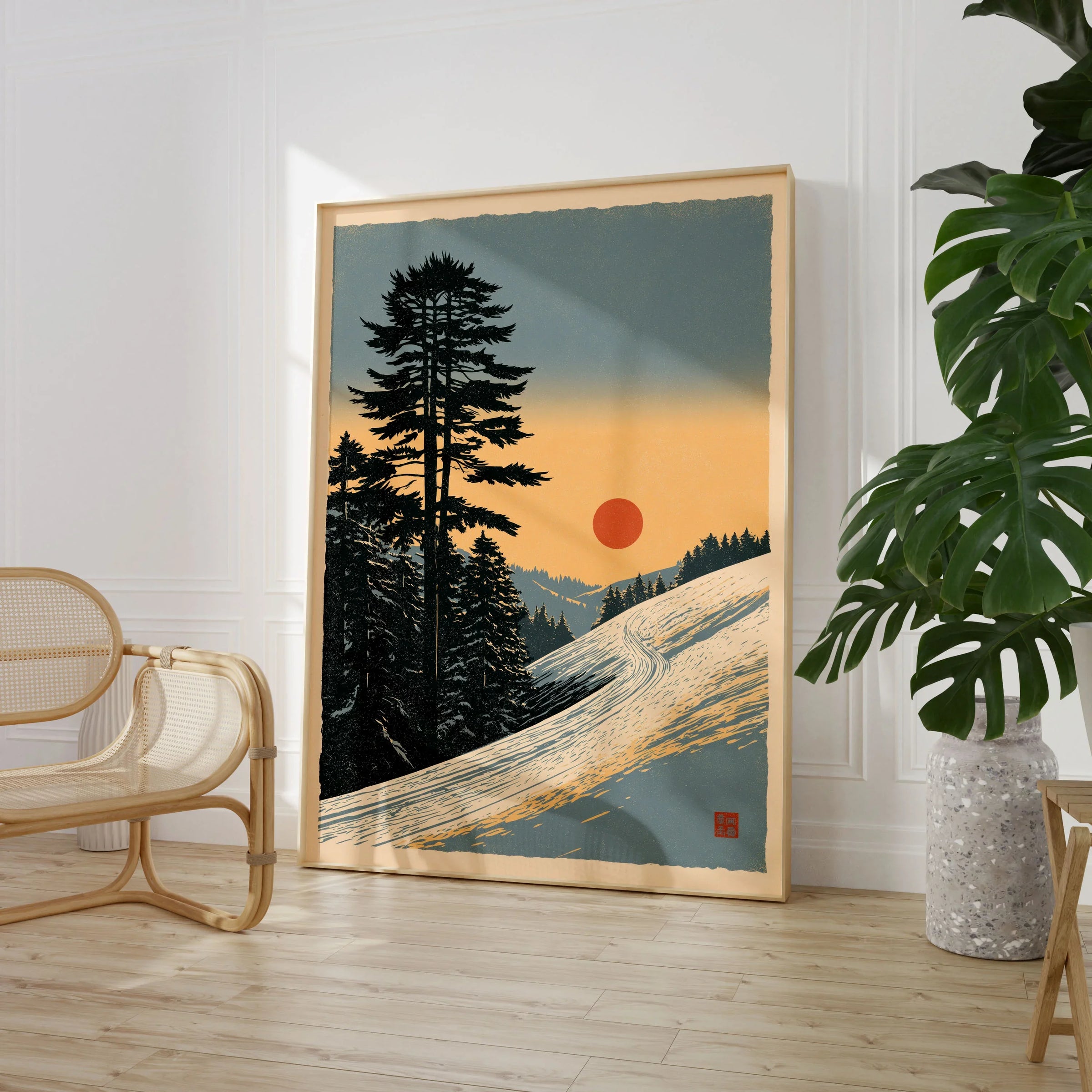 Winter Sunset Ski Print – Vintage Alpine Wall Art — large framed print room setting chair plant