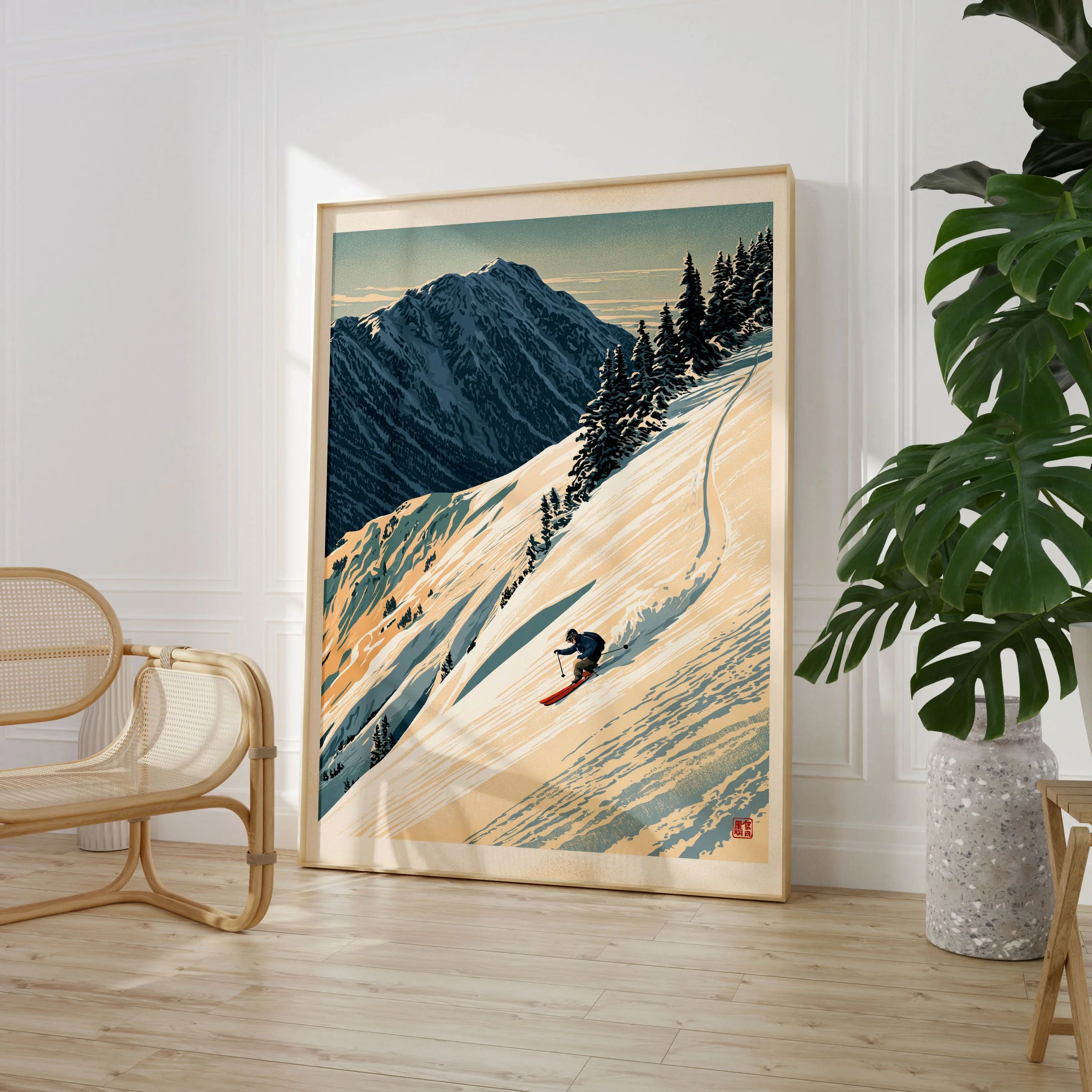 Powder Skiing Poster – Vintage Alpine Ski Wall Art — large framed print room setting chair plant
