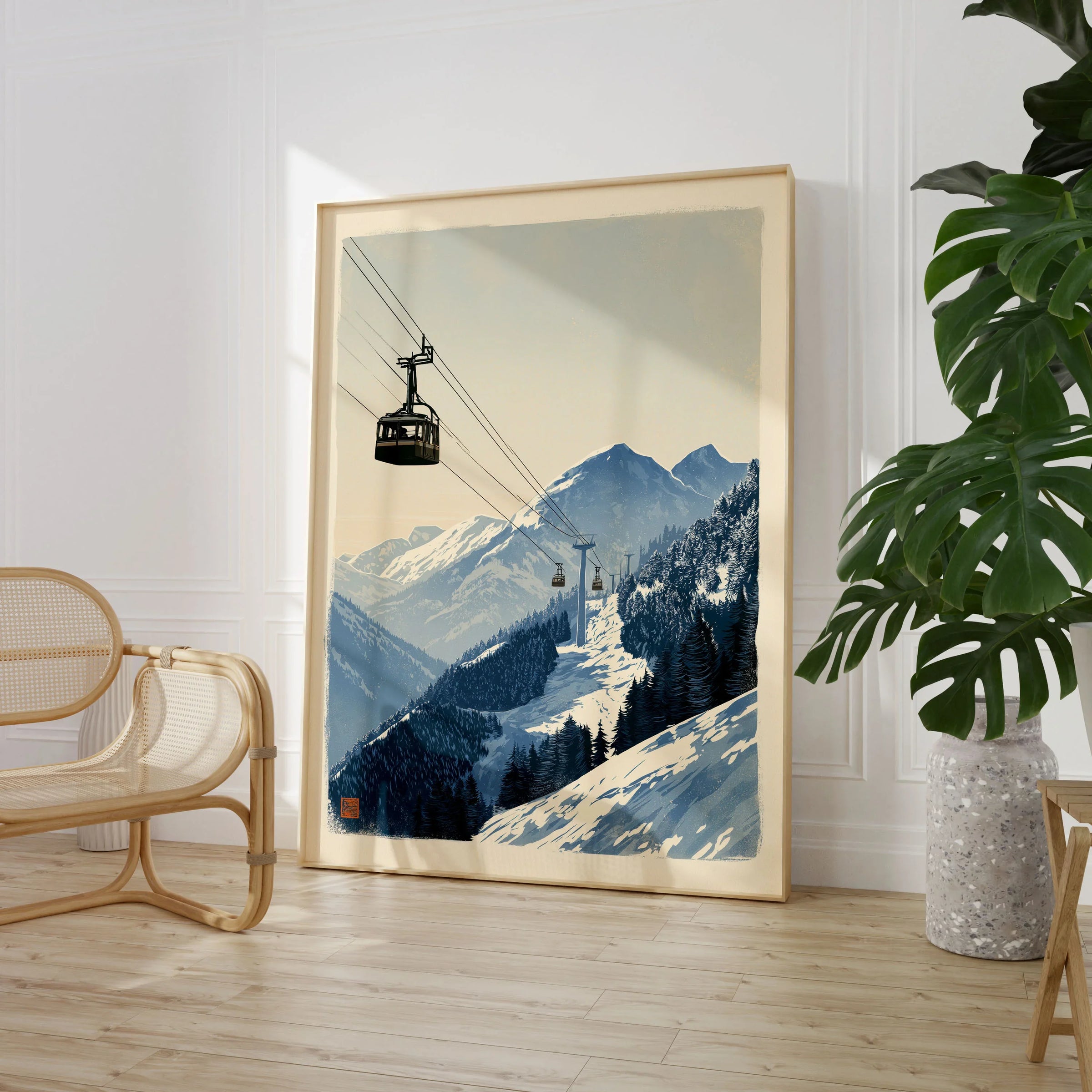 Ski Lift Art Print – Vintage Alpine Gondola Wall Art — large framed print room setting chair plant