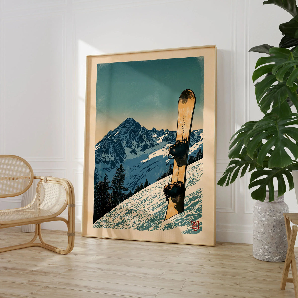 Vintage Snowboard Poster – Alpine Mountain Wall Art — large framed print room setting chair plant