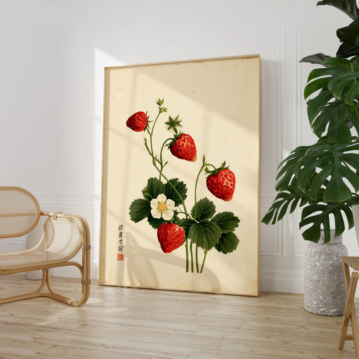Strawberry Art Print – Vintage Japanese Botanical Wall Art — large framed print room setting chair plant