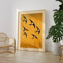Swallows Art Print – Gold Japanese Bird Wall Art — large framed print room setting chair plant