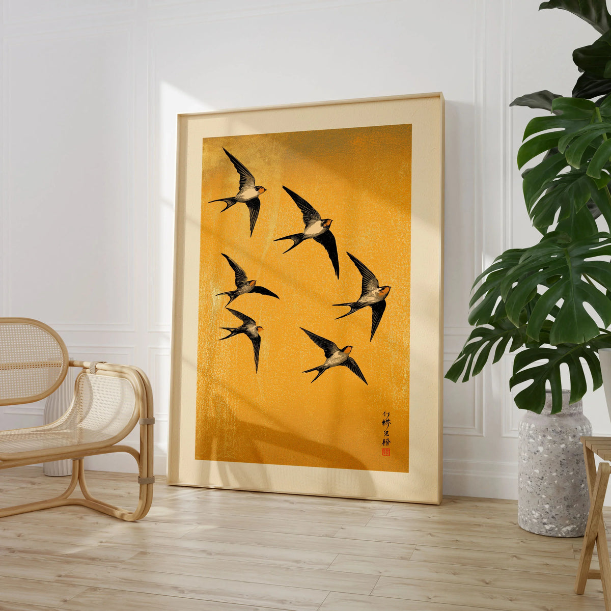 Swallows Art Print – Gold Japanese Bird Wall Art — large framed print room setting chair plant
