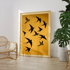 Flying Swallows Wall Art – Vintage Japanese Gold Print — large framed print room setting chair plant