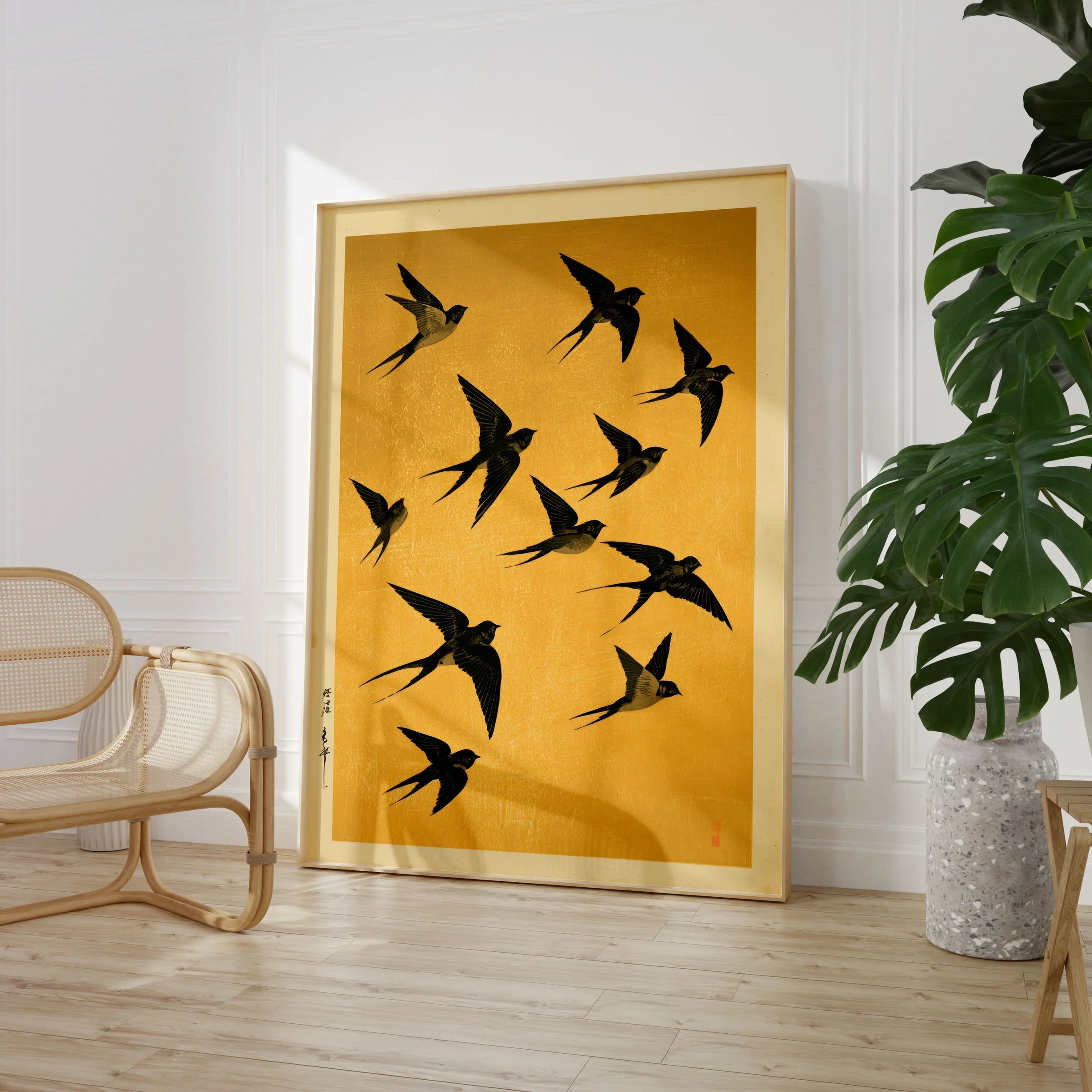 Flying Swallows Wall Art – Vintage Japanese Gold Print — large framed print room setting chair plant