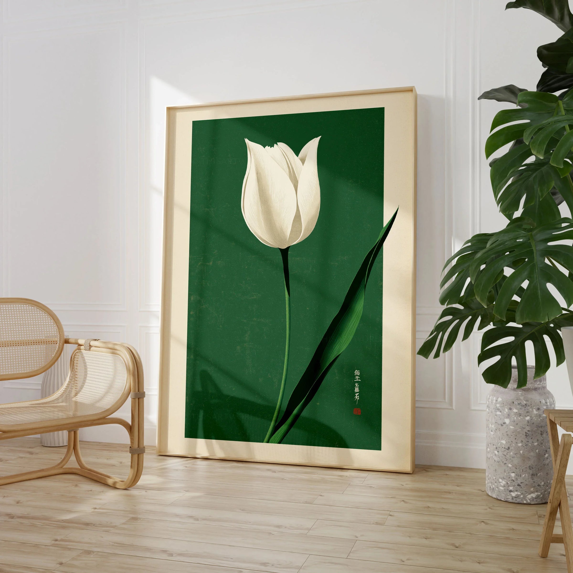 White Tulip Art Print – Green Japanese Botanical Wall Art — large framed print room setting chair plant