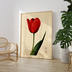 Red Tulip Art Print – Vintage Japanese Botanical Wall Art — large framed print room setting chair plant