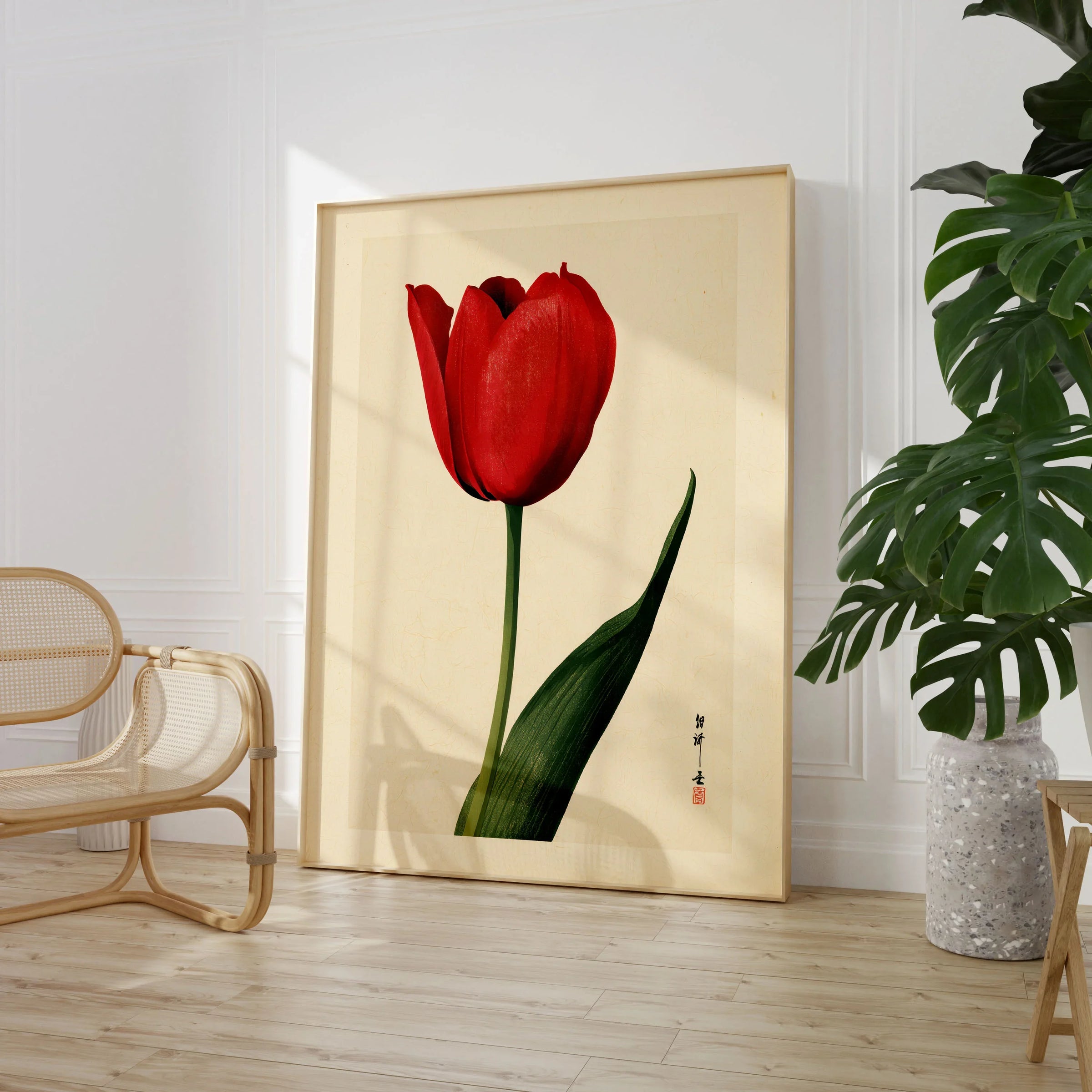 Red Tulip Art Print – Vintage Japanese Botanical Wall Art — large framed print room setting chair plant
