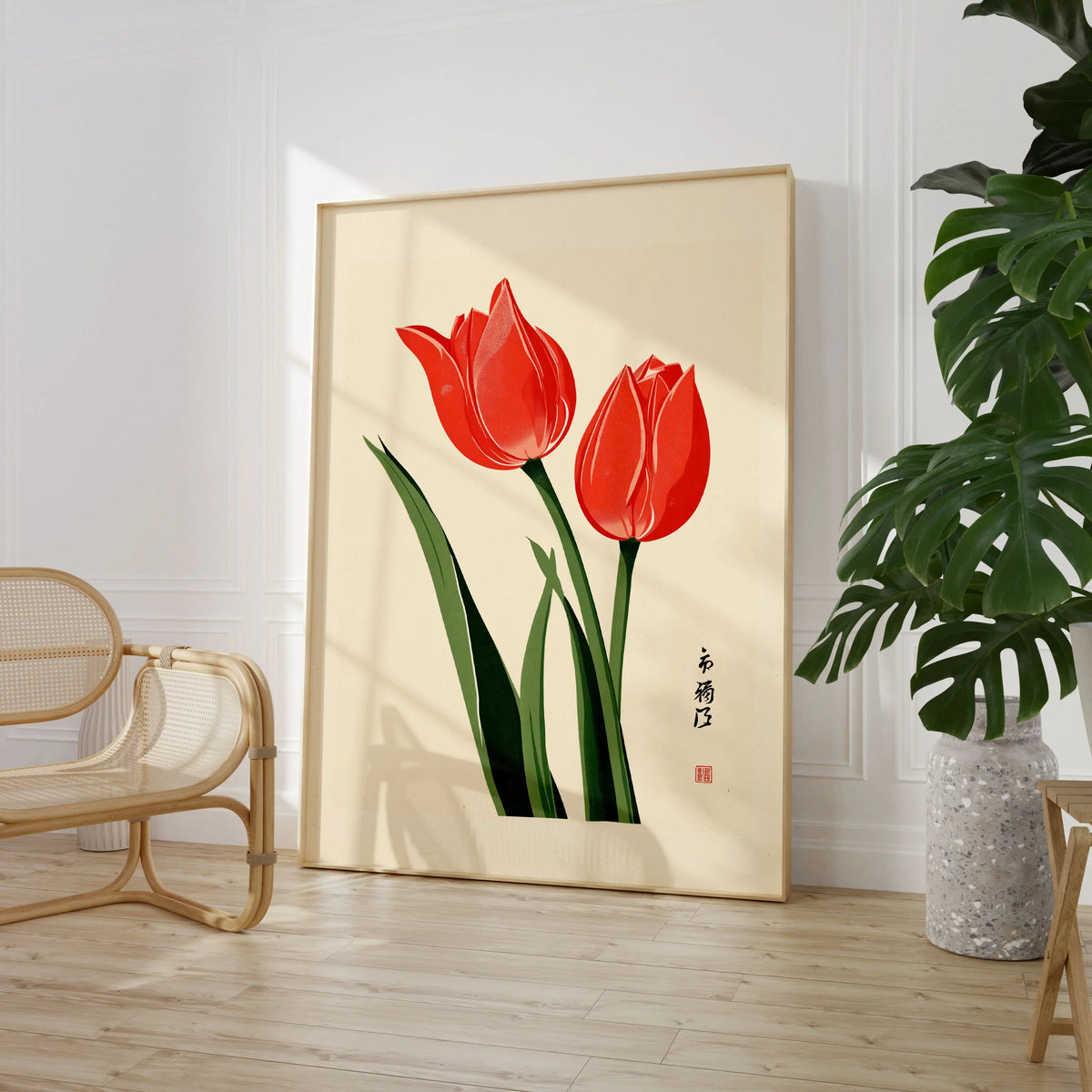 Tulip Art Print – Vintage Japanese Flower Wall Art — large framed print room setting chair plant