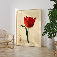 Deep Red Tulip Wall Art – Japanese Botanical Print — large framed print room setting chair plant