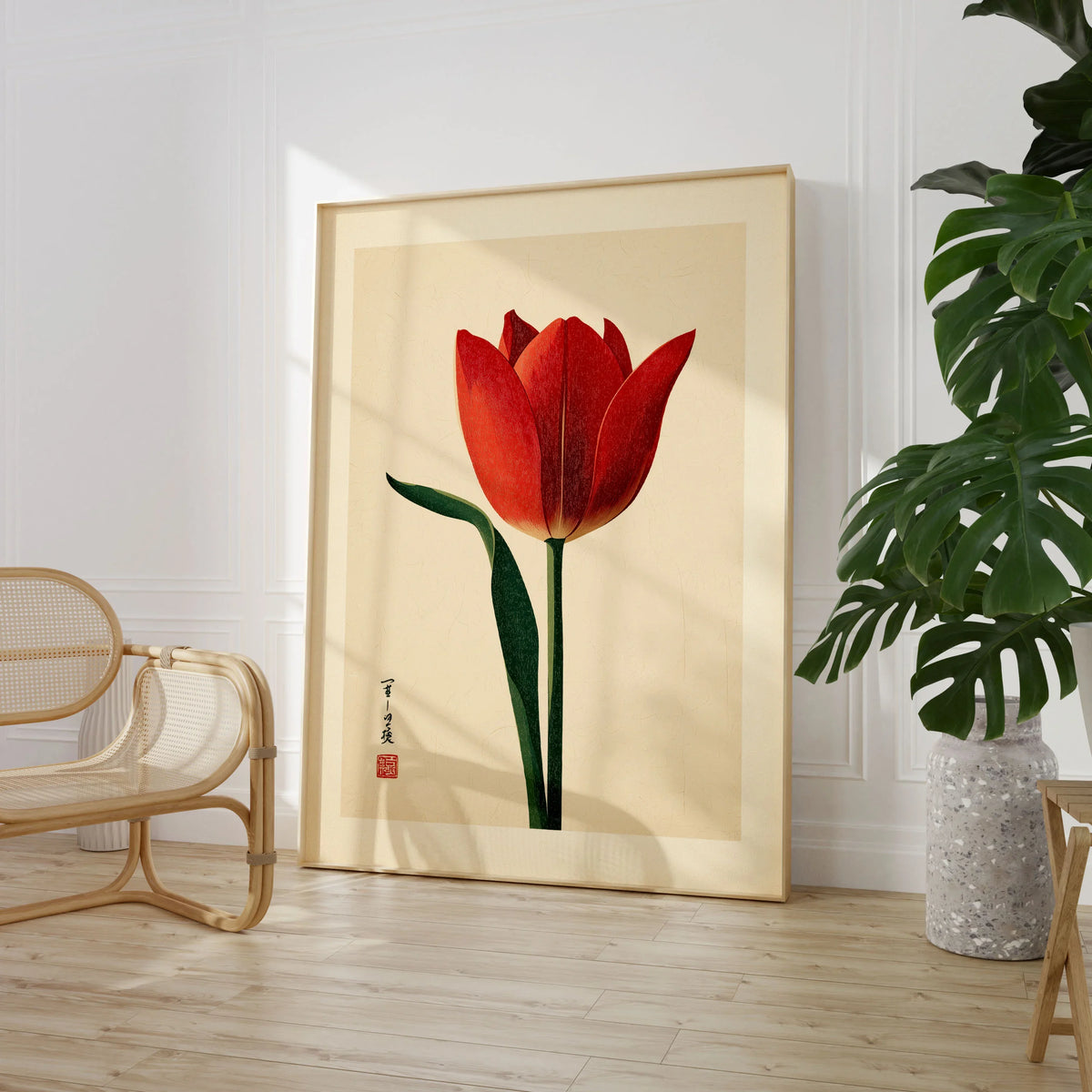Deep Red Tulip Wall Art – Japanese Botanical Print — large framed print room setting chair plant