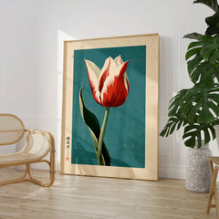 Striped Tulip Art Print – Blue Japanese Botanical Wall Art — large framed print room setting chair plant