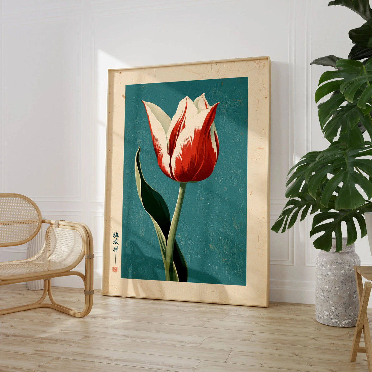 Striped Tulip Art Print – Blue Japanese Botanical Wall Art — large framed print room setting chair plant