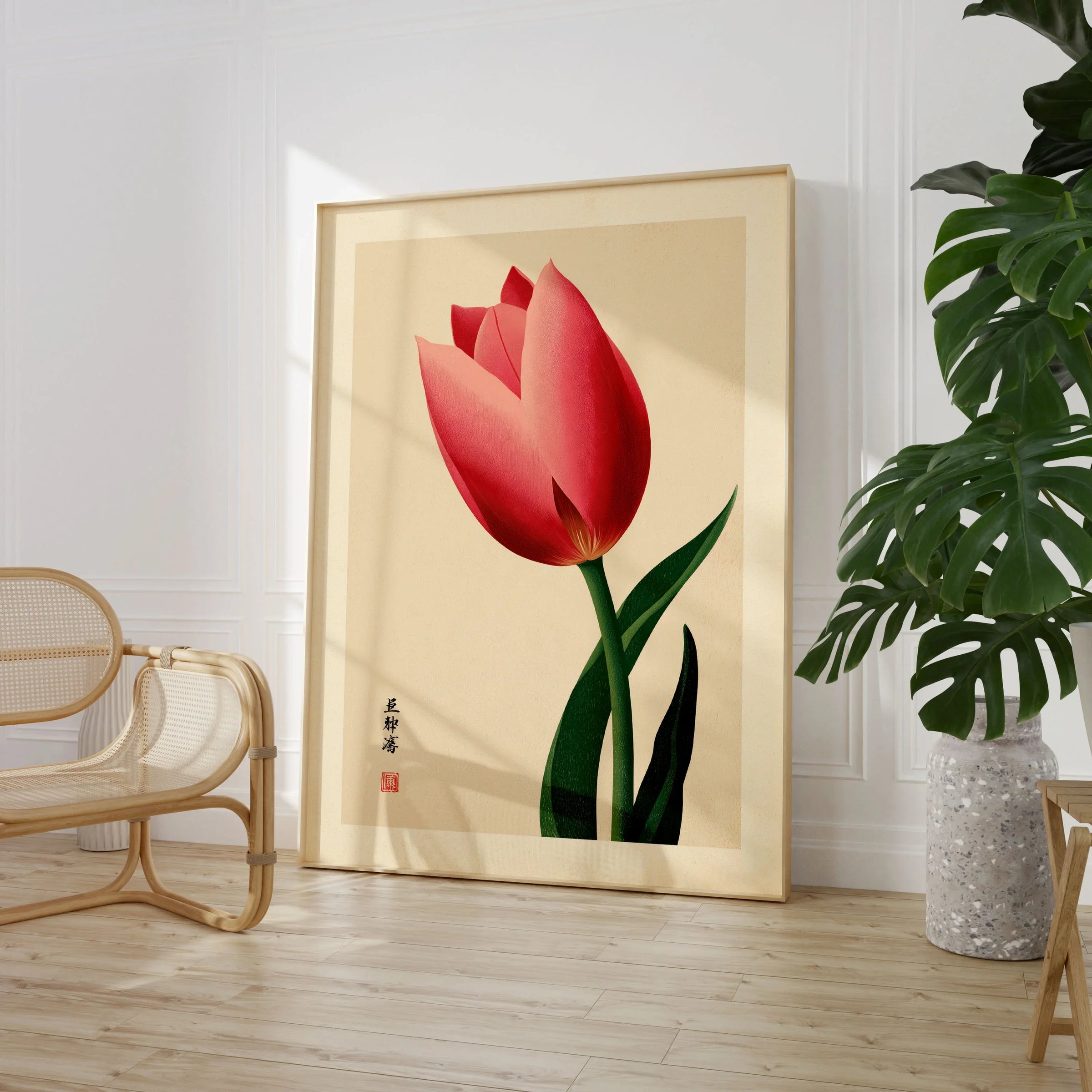 Pink Tulip Art Print – Japanese Botanical Wall Art — large framed print room setting chair plant