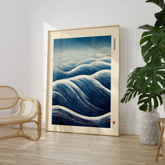 Ocean Wave Art Print – Blue Japanese Woodblock Wall Art — large framed print room setting chair plant