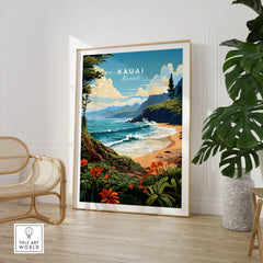 Kauai Print in a large natural wood frame leaning in a room with a rattan chair and monstera plant