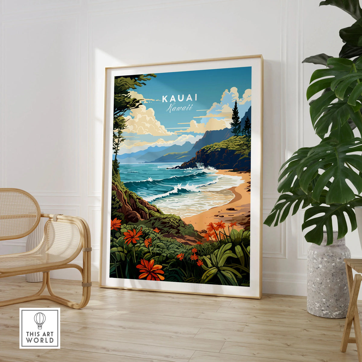 Kauai Print in a large natural wood frame leaning in a room with a rattan chair and monstera plant