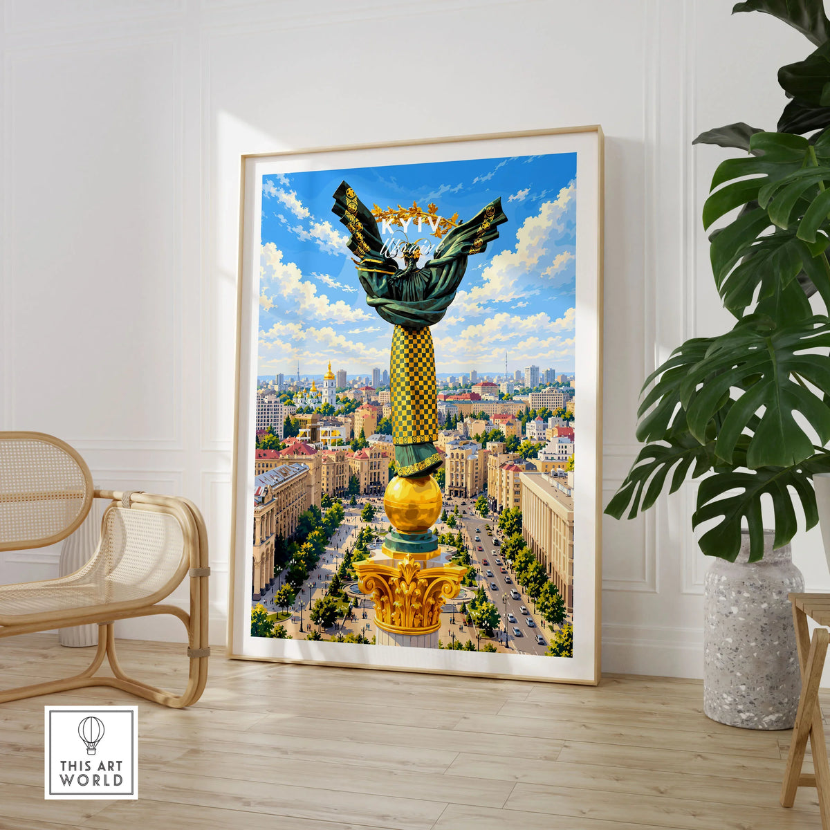 Kyiv Ukraine Independence Monument Travel Poster — the Independence Monument rising above Maidan Nezalezhnosti and the Kyiv skyline, shown as large framed print room setting chair plant