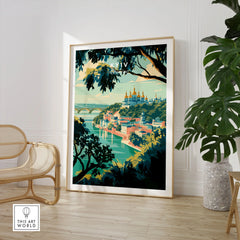 Kyiv Ukraine Golden Domes Travel Poster — golden domes on a wooded bluff above the Dnipro river, shown as large framed print room setting chair plant