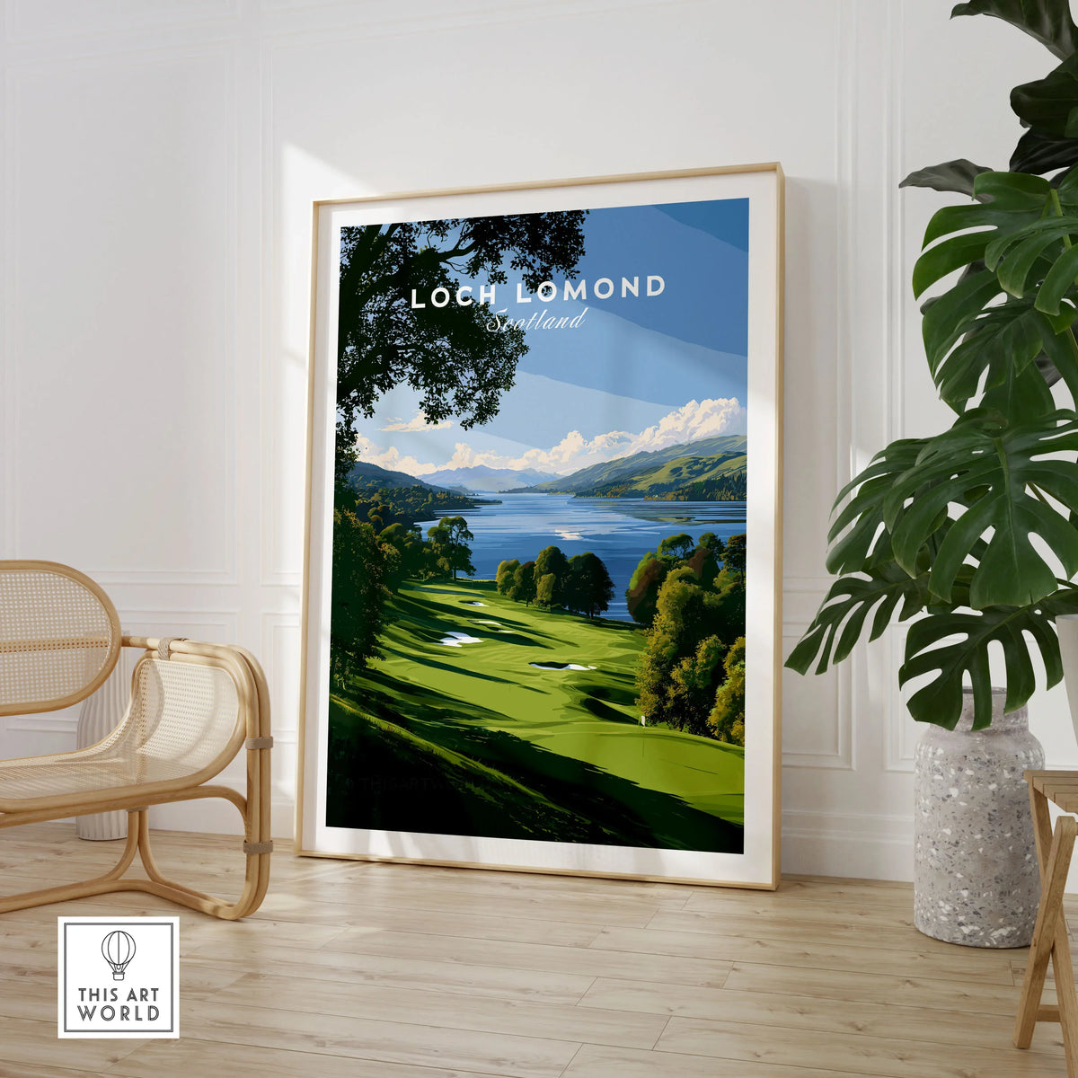 Loch Lomond Scotland Summer Shore Travel Poster — a sunlit grassy shoreline running down to Loch Lomond under old oaks, shown as large framed print room setting chair plant