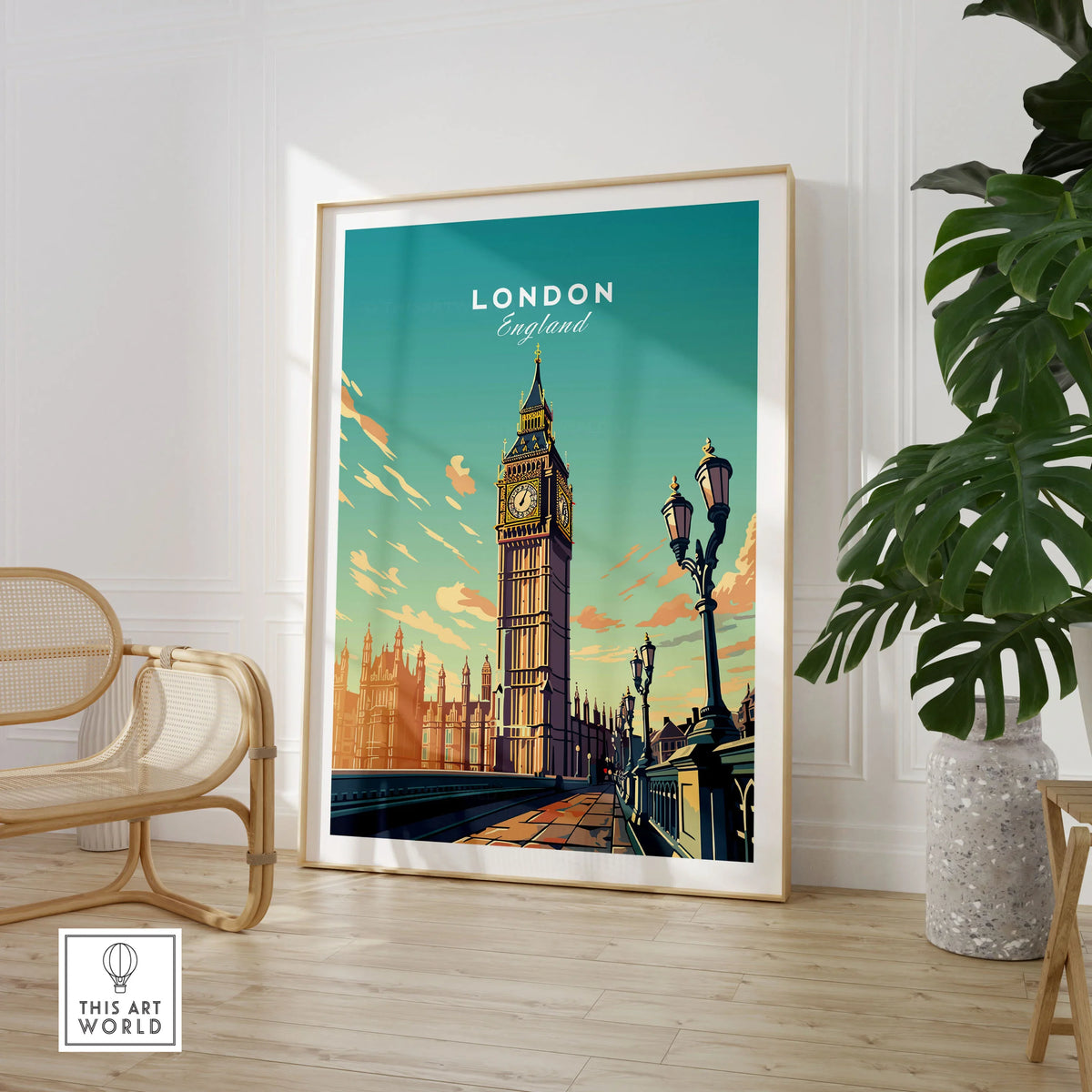 London Poster Big Ben in a large natural wood frame leaning in a room with a rattan chair and monstera plant