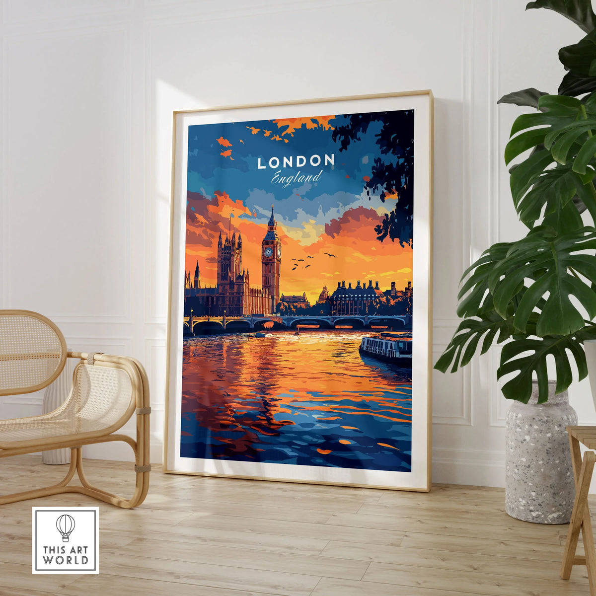 London Skyline Art | Big Ben & Houses of Parliament Print in a large natural wood frame leaning in a room with a rattan chair and monstera plant