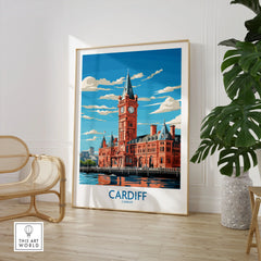 Cardiff Travel Print in a large natural wood frame leaning in a room with a rattan chair and monstera plant