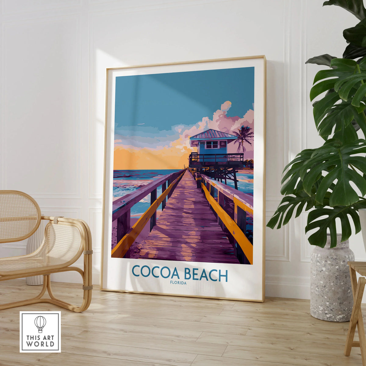 Cocoa Beach Florida Wooden Pier Poster - Golden Hour Sunset Decor in a large natural wood frame leaning in a room with a rattan chair and monstera plant