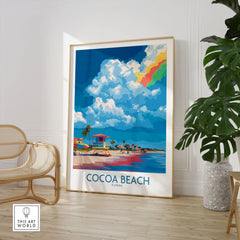 Cocoa Beach Rainbow Cloud Poster - Florida Travel Decor in a large natural wood frame leaning in a room with a rattan chair and monstera plant