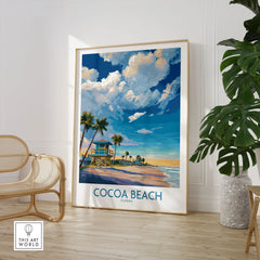 Cocoa Beach Florida Oceanfront Landscape Print - Florida Coast Decor in a large natural wood frame leaning in a room with a rattan chair and monstera plant