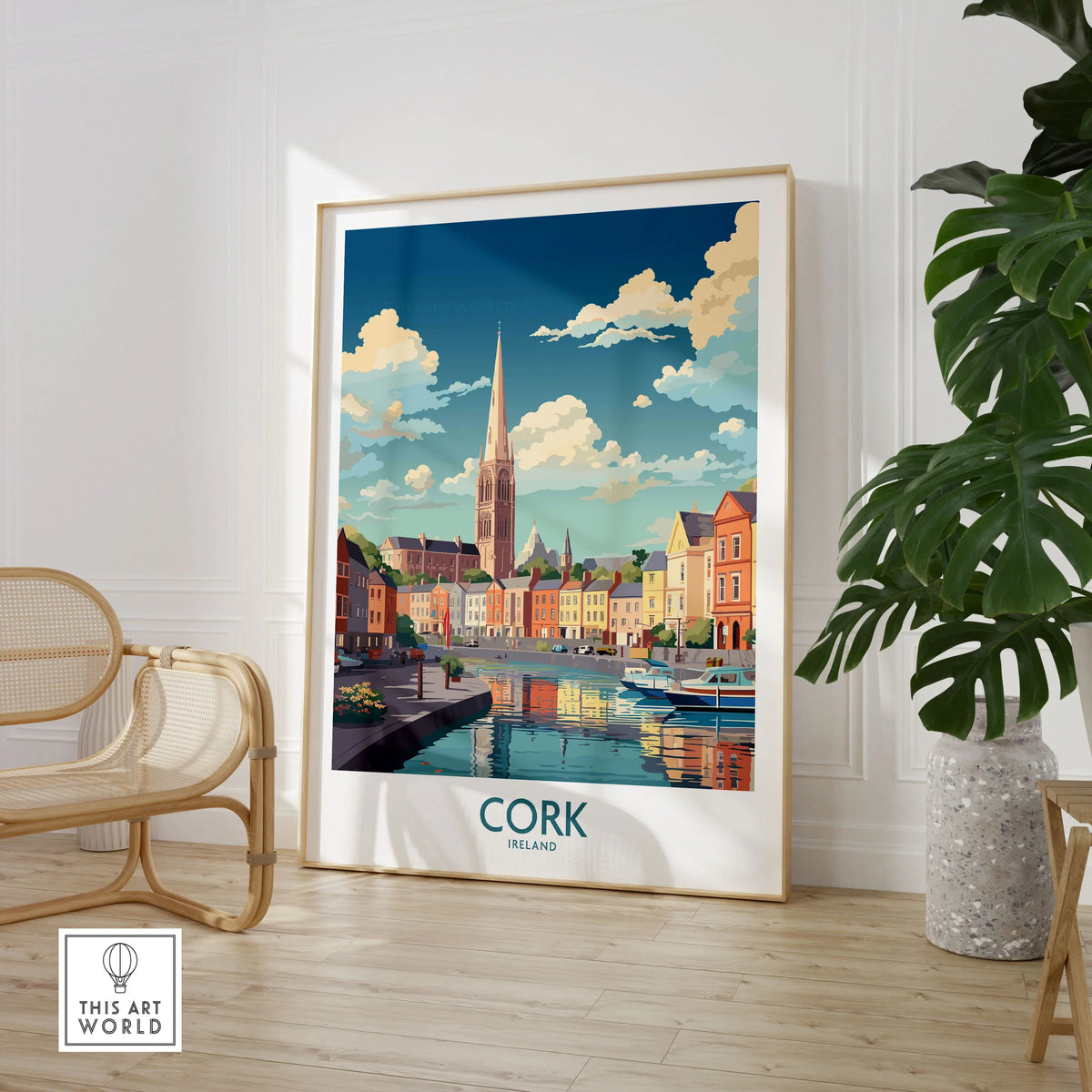 Cork Ireland Poster in a large natural wood frame leaning in a room with a rattan chair and monstera plant