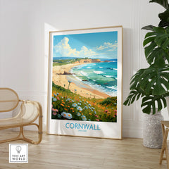 Cornwall Wall Art | Modern Style in a large natural wood frame leaning in a room with a rattan chair and monstera plant