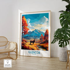 Glencoe Art Print Modern in a large natural wood frame leaning in a room with a rattan chair and monstera plant